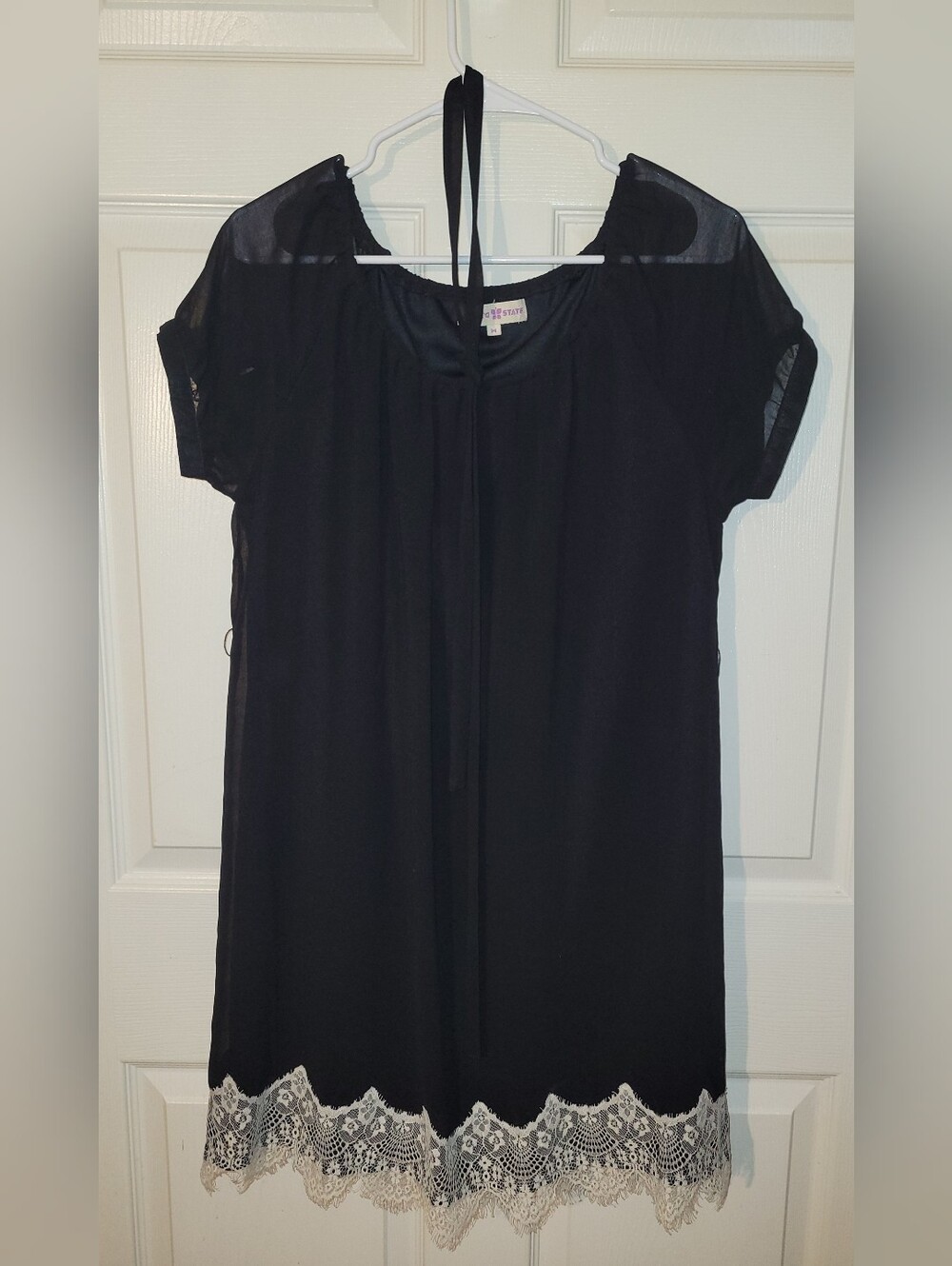 Black Chiffon Shift Mini Dress Altar'd State Ivory Lace Med Puff Sleeve Kawaii